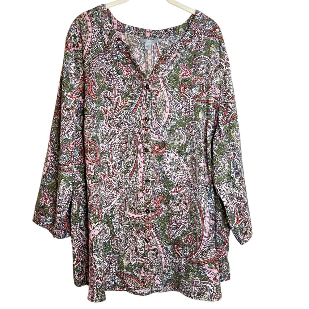 Catherines Womens Blouse Size 2X Green Pink Floral Paisley Buttons 3Q Roll Tab